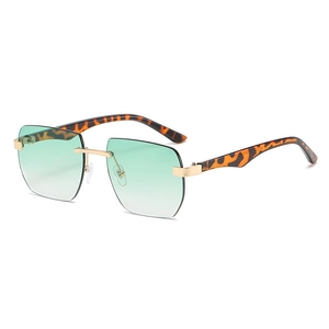 Retro rimless square sunglasses with green gradient lenses and tortoise shell temples