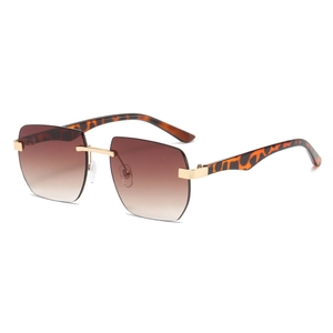 Retro rimless square sunglasses with brown gradient lenses and tortoise temples
