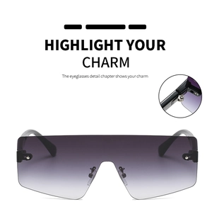 Close-up of durable metal hinges and gradient purple lenses on rimless sunglasses