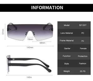 Detailed sizing chart and technical dimensions for oversized rimless shield sunglasses