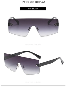 Front and side view of frameless gradient sunglasses with black metal rivets