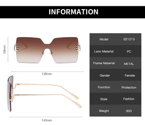 Detailed size specifications for square gradient sunglasses with gold metal frames