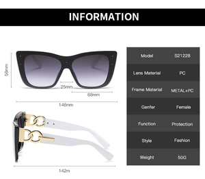 Detailed view of cat eye sunglasses featuring gold chain accents and size dimensions