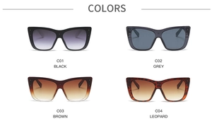 Showcase of four trendy cat-eye sunglasses colors including black, grey, brown, and leopard