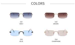 Detail view showing rectangular sunglasses in grey, brown, blue, and champagne finishes