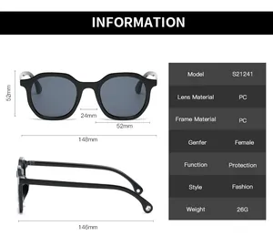 Size chart for polygon retro sunglasses showing frame dimensions and PC material specs