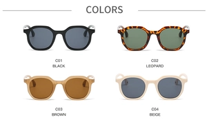 Detailed comparison of vintage polygon sunglasses in black, leopard, brown and beige colors