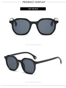 Front and side 45-degree view of black polygonal sunglasses with dark grey lenses