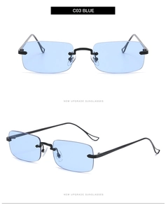 Detail of rimless rectangular sunglasses in C03 Blue with hollow metal temples
