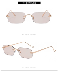 Detailed views of champagne square rimless sunglasses with gold metal frame