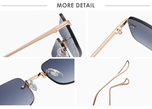 Detailed views of gold metal hinges, silicone nose pads, and hollowed temple tips on sunglasses