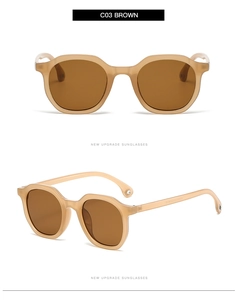 Detailed view of polygon retro sunglasses in brown frosted frame with matching lenses