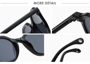 Macro detail of black vintage sunglasses with metal hinges and reinforced temples