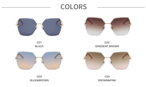 Detail view of oversized rimless sunglasses featuring woven gold metal temples in four gradient lens colors