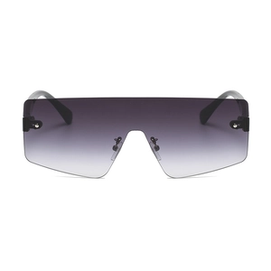 Oversized rimless shield sunglasses with grey gradient lenses and silver rivet accents
