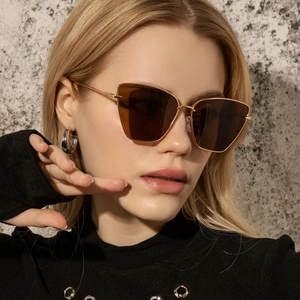 Damen Katzenaugen Sonnenbrille Vintage Metallrahmen Große Geometrische PC Gläser UV400 Mode Trendige Brillen