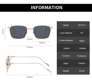 Detailed size chart of rectangular metal sunglasses showing frame dimensions and specs