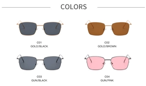 Matrix display of square metal sunglasses in gold and gunmetal finishes with multi-color lenses