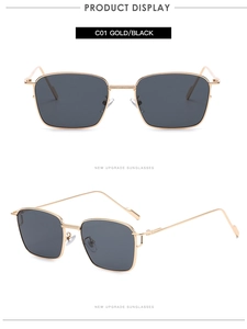 Close-up of retro gold metal sunglasses with black square lenses from two angles