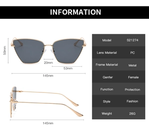 Detaillierte Größentabelle und Maße der Oversize-Cat-Eye-Metallrahmen-Sonnenbrille