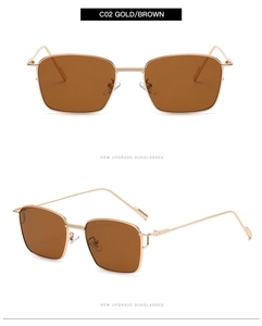 Detail of vintage small square gold metal sunglasses with brown lenses and minimalist frames
