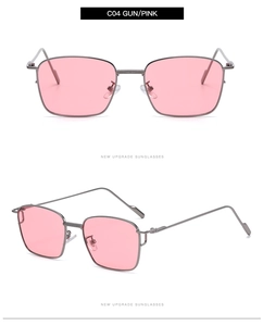 Detail view of small square gunmetal frame sunglasses with pink lenses and nose pads