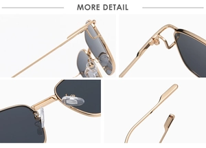 Detailed view of metal frame hinges, silicone nose pads, and black lenses of sunglasses
