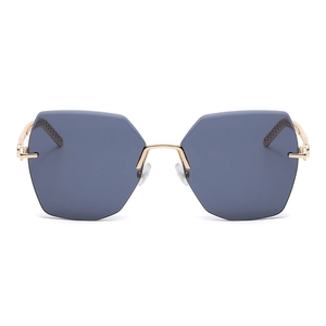 Chic rimless oversized polygon sunglasses with grey hexagonal lenses and gold metal temples