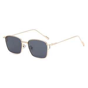 Retro rectangle metal sunglasses with gold frame and dark gray lenses for street style