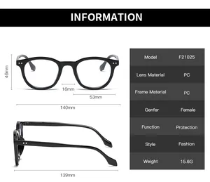 Detailed size chart for retro round eyeglasses F21025 with frame and lens measurements