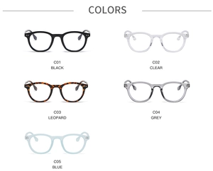 Selection of round anti-blue light glasses in black, clear, leopard, grey, and blue colors