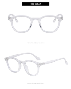 Front and side view of round transparent eyewear frame with silver stud accents