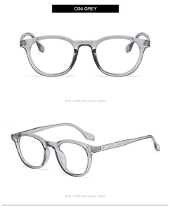 Detail view of transparent grey round frames with metallic rivets and C04 branding