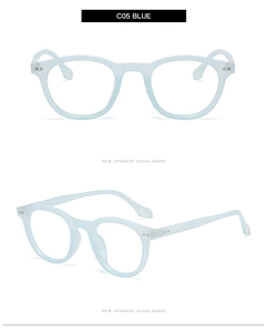 Detail view of light blue round frames with triple dot accents and modern hinges