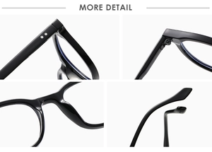 Macro shot of durable metal hinges and integrated nose pads on black round eyeglass frames
