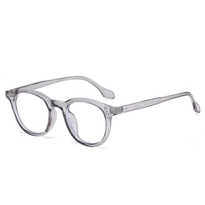 Retro grey round eyeglasses frames with blue light blocking lenses and rivet accents