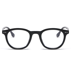 Classic black round frame glasses with silver rivet accents and blue light filtering