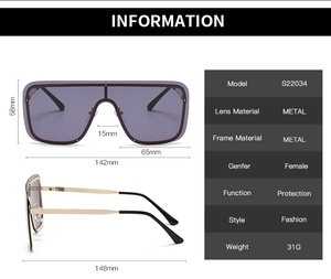 Detailed dimension guide for oversized square metal frame sunglasses showing frame size data