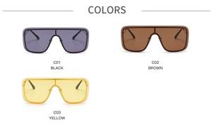 Flat lay of oversized shield sunglasses in black, brown, and yellow with metal nose pads