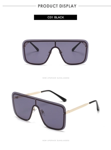 Front and 45-degree angle view of black oversized square sunglasses with gold metal temples