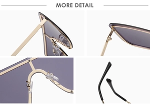 Detailed views of gold frame sunglasses with gray lenses, hinges, and nose pads
