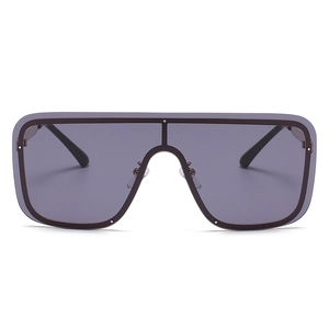 Oversized shield sunglasses with dark gray lenses and metallic rivet accents