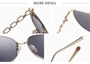 Détails des branches en chaîne dorée et plaquettes de nez sur lunettes œil de chat