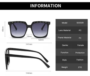 Size chart for square frame sunglasses with precise measurements and technical specifications