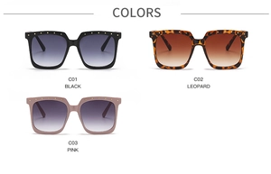 Three square oversized sunglasses in black, leopard, and pink with gold stud accents
