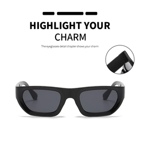 Detail view of small square black sunglasses featuring durable hinges and sleek frames