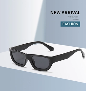 Detail shot of black rectangular sunglasses showing CAT.3 UV protection logo on temple