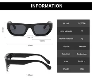 Detailed size chart for rectangular sunglasses showing 138mm frame width and PC material