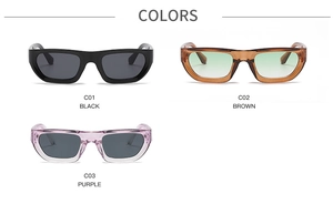 Detailed comparison of rectangular sunglasses in black, brown, and purple translucent frames