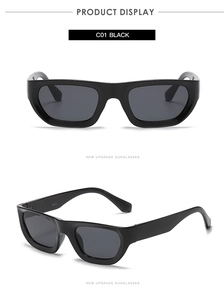 Detail view of glossy black rectangle sunglasses with dark grey CAT.3 UV lenses